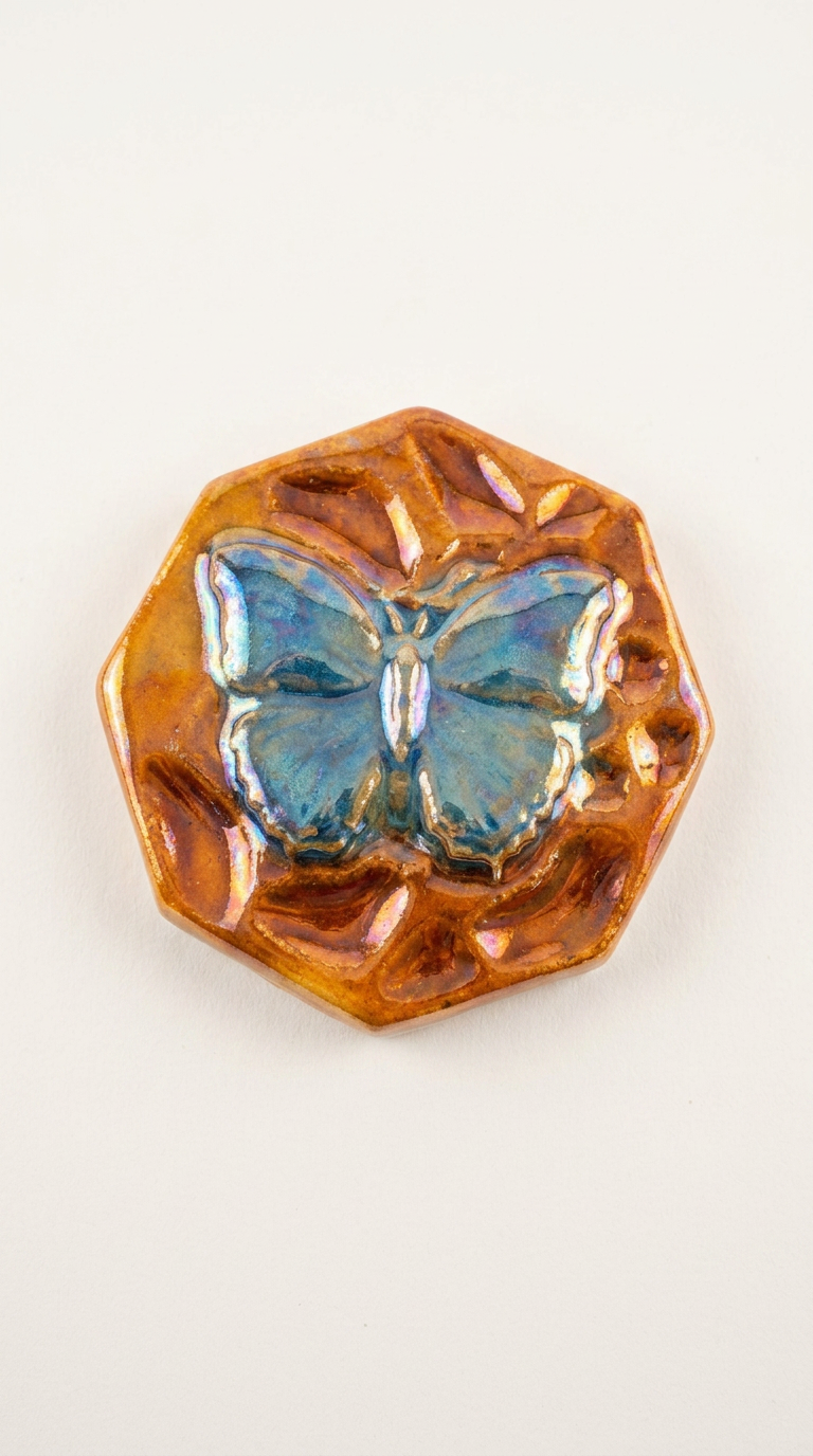 Placa octagonal ámbar con mariposa azul en relieve